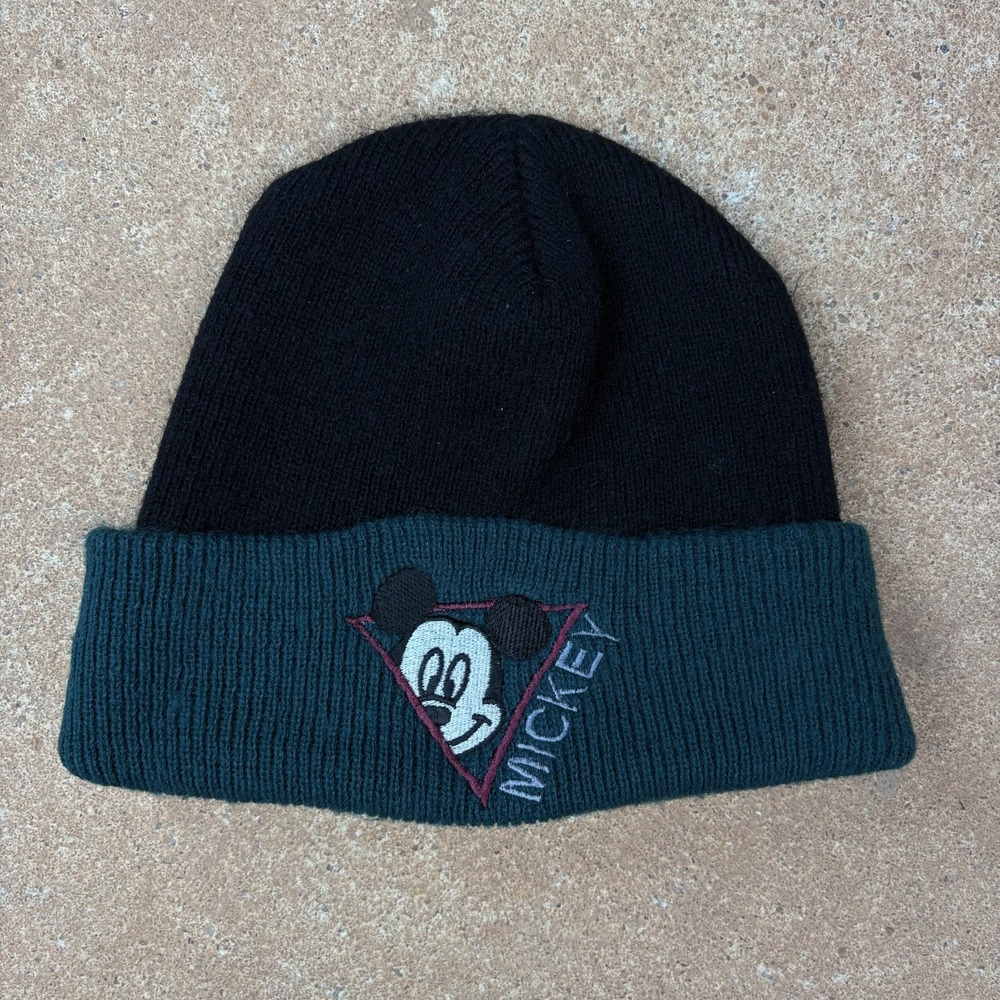 Vintage 90s Mickey Mouse Beanie Hat Black Teal Green Embroidered Disney Cap
